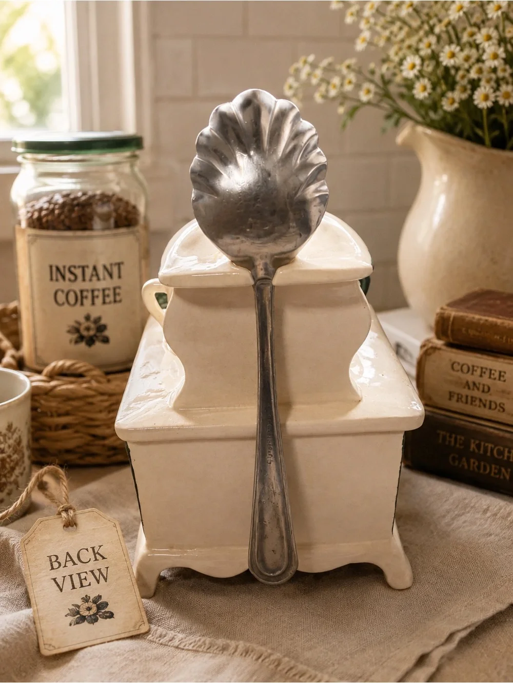 Vintage Ceramic Instant Coffee Holder & Scoop Retro Kitchen Decor